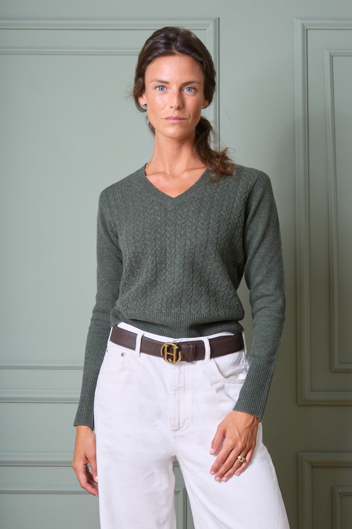 Frontansicht Habsburg Strickpullover Rosina Merinowolle in Grün